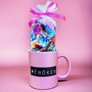 Mugg Fröken med godis (rosaglittrig mugg)