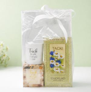 Presentset Tack i cellofan (Chokladpraliner & ljuslykta)